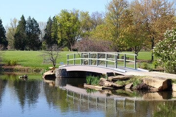 The small footbridge over the pond in the park.