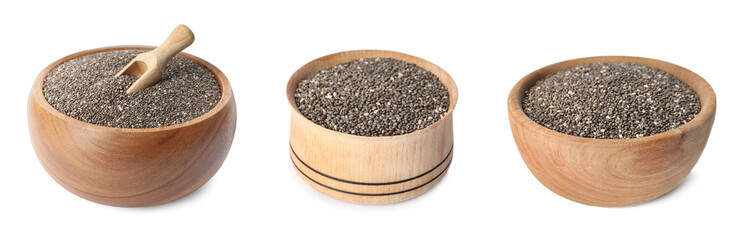 Set with chia seeds on white background. Banner design