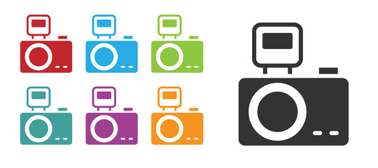 Black Photo camera with lighting flash icon isolated on white background. Foto camera. Digital photography. Set icons colorful. Vector