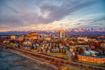 Fototapeta na wymiar Aerial View of a Sunset over Downtown Anchorage, Alaska in Spring