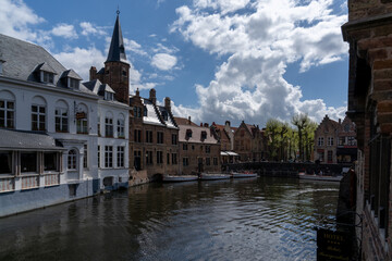 view of the historic city center and canals in downtown Bruges