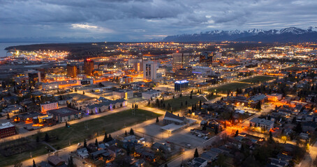 Fototapeta na wymiar Aerial View of the Anchorage, Alaska Skyline at Dusk in Spring