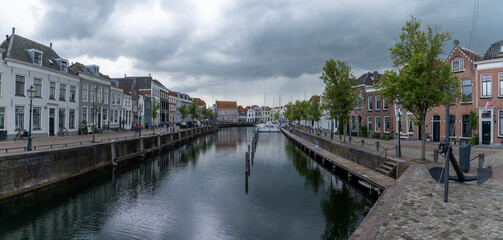 Fototapeta na wymiar view of the harbor marina and city center of Goes in Zeeland