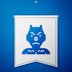 Blue Krampus, heck icon isolated on blue background. Horned devil. Traditional Christmas devil. Happy Halloween party. White pennant template. Vector