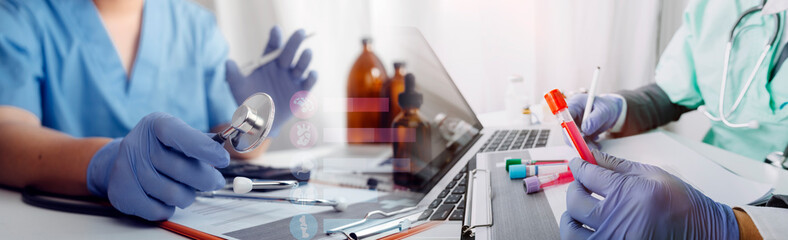 Medicine doctor and vaccine dose flu shot drug syringe in laboratory, microbiology and pharmaceutical research, medical and healthcare.