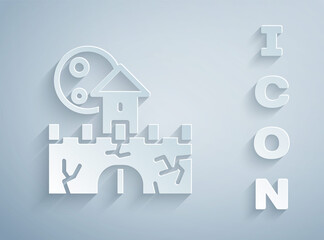 Paper cut Castle icon isolated on grey background. Medieval fortress with a tower. Protection from enemies. Reliability and defense of the city. Paper art style. Vector