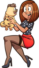 Pin up girl holding a pug puppy up. Vector clip art illustration with simple gradients. Some elements on separate layers. 