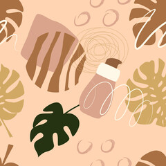 Seamless pattern, monstera leaves and tropical plants. Vector illustration in a flat style.	
