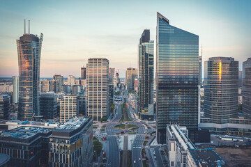 Office district around Daszynskiego roundabout called "new Mordor", Warsaw skyline aerial image