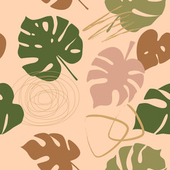 Seamless pattern, monstera leaves and tropical plants. Vector illustration in a flat style.	