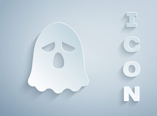 Paper cut Ghost icon isolated on grey background. Happy Halloween party. Paper art style. Vector