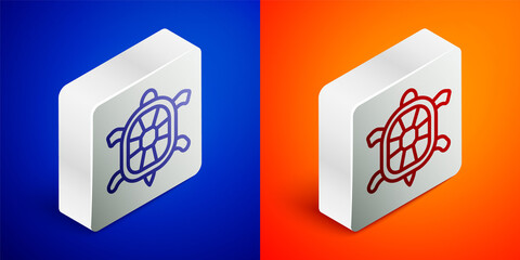Isometric line Turtle icon isolated on blue and orange background. Silver square button. Vector