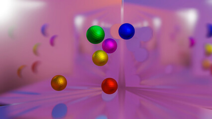 multicolored three-dimensional spheres are flying indoors. 3d render illustration