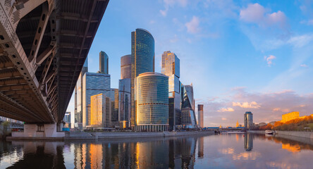 Skyscrapers in Moscow is capital of Russia. Skyscrapers on  banks of Moskva River. Business center of capital of Russia. Moscow City area on a summer day. Russia on background of blue sky.