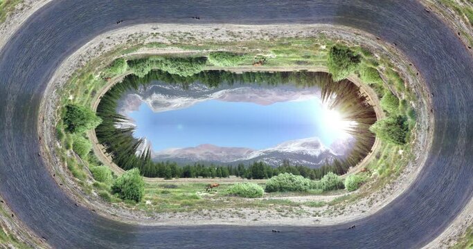 A surreal perspective-bending scene with a deer grazing in a beautiful Yosemite landscape, curved into a infinite, looping 3D tunnel.