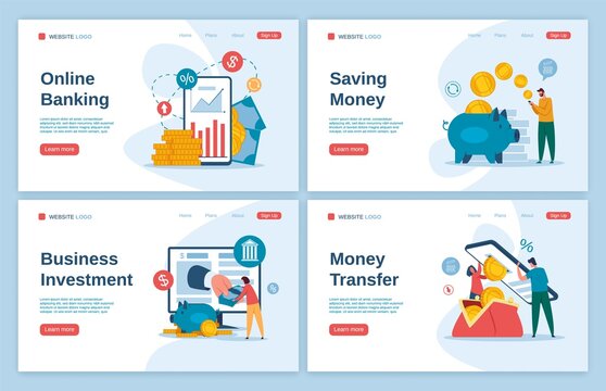 Online banking landing. Mobile money transfer, business investments, saving money, secure payment concept. Digital bank vector web template set. Finance management and accounting website interface