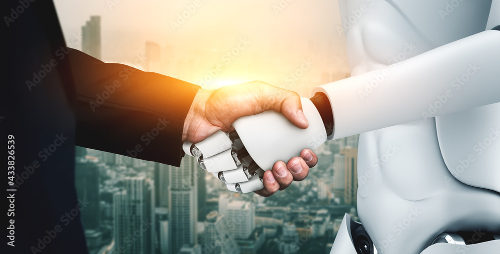 Poster 3d rendering humanoid robot handshake to collaborate future technology development by ai thinking br