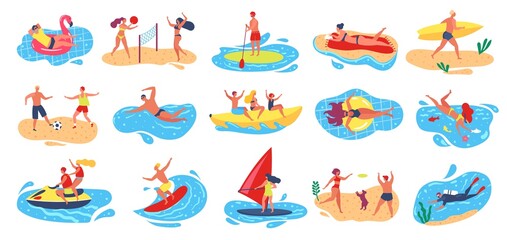 Beach activities. Active man and woman surfing, windsurfing, swimming, scuba diving. Summer vacation outdoor water sport activity vector set. Characters playing volleyball, football, sunbathing