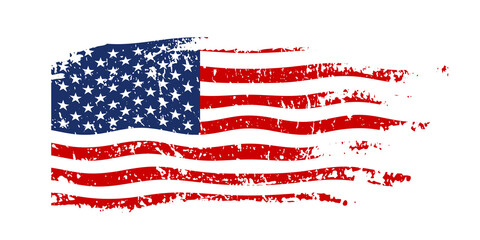Grunge waving American flag isolated on white background. Scretched USA national symbol. Vector design element.