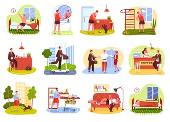 Man daily routine. Waking up, working at office, shopping, having dinner, relaxing, going to bed. Businessman everyday life vector set. Male character feeding dog, having coffee break