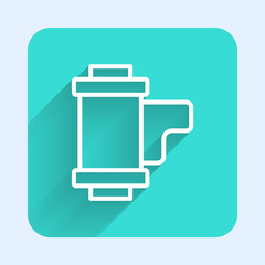White line Camera vintage film roll cartridge icon isolated with long shadow. 35mm film canister. Filmstrip photographer equipment. Green square button. Vector