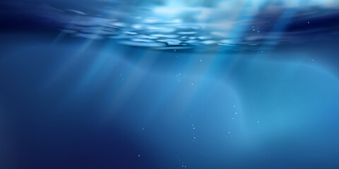 Sea or ocean surface seen from underwater, background. Surface seen from under water. Rays of light, abstract marine backdrop. Nature landscape, beams blurred. Vector illustration. © Nanotrillion