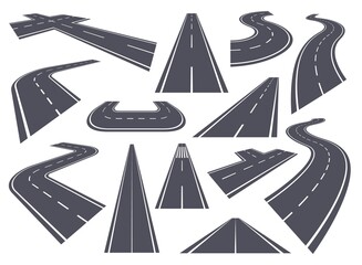 Curved roads. Perspective highway, bending or winding road, straight and curve pathway. Asphalt city streets with white markings vector set. Speed path for driving or transportation © Frogella.stock
