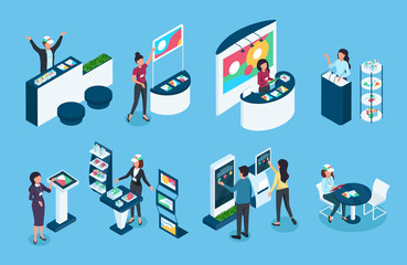 Isometric exhibition. People in expo at stand, booth. Sellers display products. Retail area event, showcase, advertising banners 3d vector set. Promo trade exposition with information desk