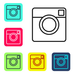Black line Photo camera icon isolated on white background. Foto camera. Digital photography. Set icons in color square buttons. Vector