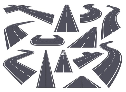 Curved roads. Perspective highway, bending or winding road, straight and curve pathway. Asphalt city streets with white markings vector set. Speed path for driving or transportation