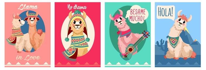 Llama card. Funny alpaca design with motivational trendy quotes. Lama in peruvian clothes party invitation cards vector templates. Wildlife animal characters in hat and scarf, musical instrument © Frogella.stock
