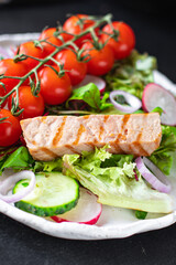 tuna salad greens mix leaves cherry tomato seafood diet vitamins on the table healthy meal veggie snack copy space food background rustic top view keto or paleo diet  vegetarian food pescetarian