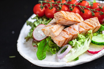 tuna salad greens mix leaves cherry tomato seafood diet vitamins on the table healthy meal veggie snack copy space food background rustic top view keto or paleo diet  vegetarian food pescetarian