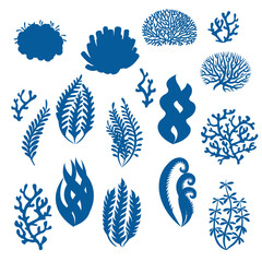 Corals and seaweeds silhouettes. Underwater plants, sea reef weed, aquarium floral elements. Laminaria, algae and coral isolated vector set. Undersea or ocean wildlife natural objects