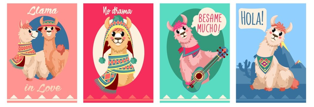 Llama card. Funny alpaca design with motivational trendy quotes. Lama in peruvian clothes party invitation cards vector templates. Wildlife animal characters in hat and scarf, musical instrument