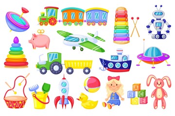Kids toys. Cartoon rocket, ship, train, cute girl doll, duck, plush bunny, alphabet cubes. Colorful plastic toy for toddlers vector set isolated on white. Objects for children and babies to play