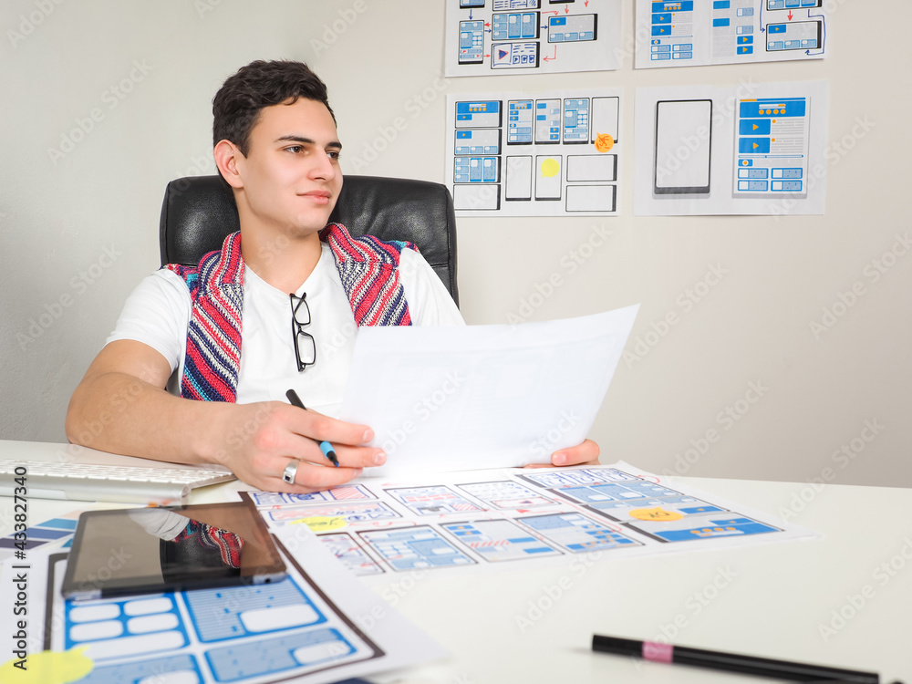 Poster web development studio worker. concept - business application development services. development of m