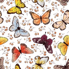 Obraz na płótnie Canvas Butterfly seamless pattern. Butterflies and flowers, adorable spring or summer fabric, wallpaper graphic vector repeating texture. Flying beautiful colorful insects and plants design