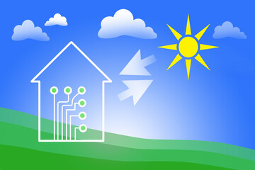 Fototapeta premium Illustration with house receiving electricity from sun. House with good energy efficiency. Supplying house with electricity from sunlight. Silhouette of home on blue background and green lawn.