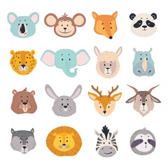 Animal heads. Cartoon faces of koala, monkey and fox, zebra. Cute panda, deer and lion, deer and rabbit, jaguar vector zoo avatars. Childish lovely safari and forest characters set