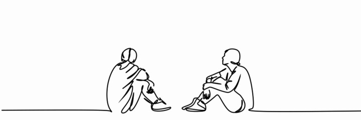 A continuous line drawing of the expression of two women. Two ladies with short hair are squatting on their heels, looking in the same direction. The concept of friendship, love, and feminism. Banner,