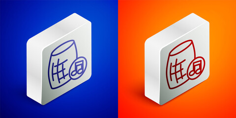 Isometric line Voice assistant icon isolated on blue and orange background. Voice control user interface smart speaker. Silver square button. Vector