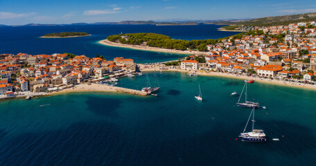 Fototapeta premium Primosten old town panorama. Aerial drone shoot in september 2020