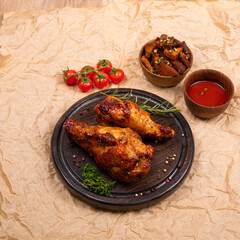 Grilled turkey chicken leg on wooden round cutting board with some greens and spices. Served on craft paper, fried potato slices with garlic, tomato juice and cherry tomatoes. Square format,copy space