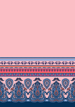 Colorful boho, damask border print. Abstract vector ethno inspired flowers, geometric elements on pink background.
