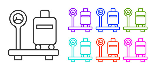 Black line Scale with suitcase icon isolated on white background. Logistic and delivery. Weight of delivery package on a scale. Set icons colorful. Vector