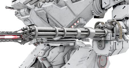 close up on the machinegun of the heavy mech in white background
