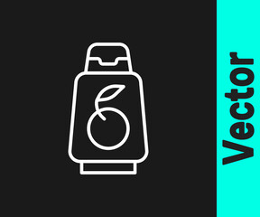 White line Bottle of shampoo icon isolated on black background. Vector