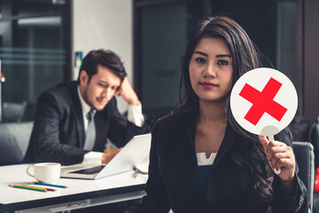 Female human resource manager decline the employment candidate who failed interviewing, sitting in...