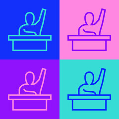 Pop art line Active male kid raising hand answering to teacher question icon isolated on color background. An elementary student raises his hand. Vector